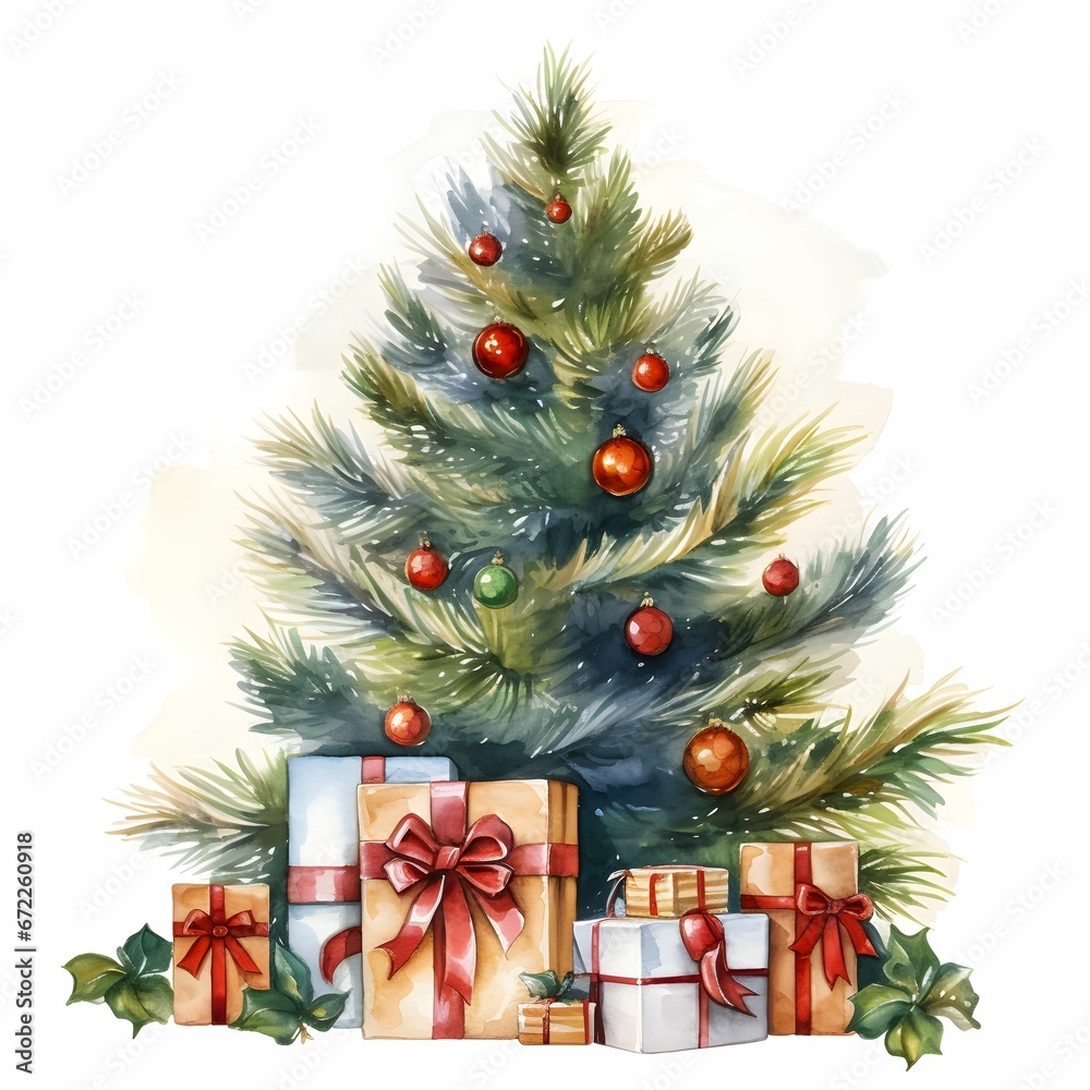 christmas tree with presents and baub of gifts on the side