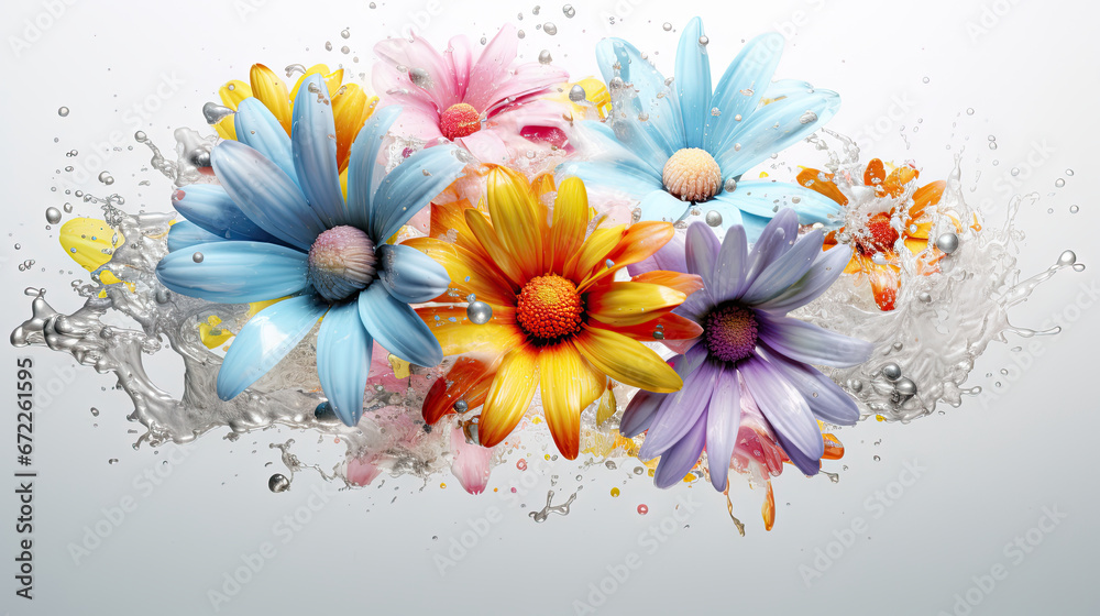  a group of colorful flowers with water splashing on them.  generative ai