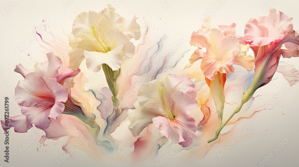  a group of flowers that are on a white background with a splash of paint.  generative ai