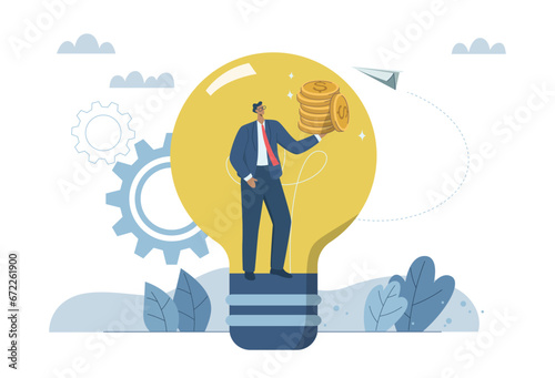 New creative ideas or new business innovations, Creativity ideas for generating income and returns or inspiration achieve to goal, Businessman in a light bulb with huge profits. Vector illustartion.