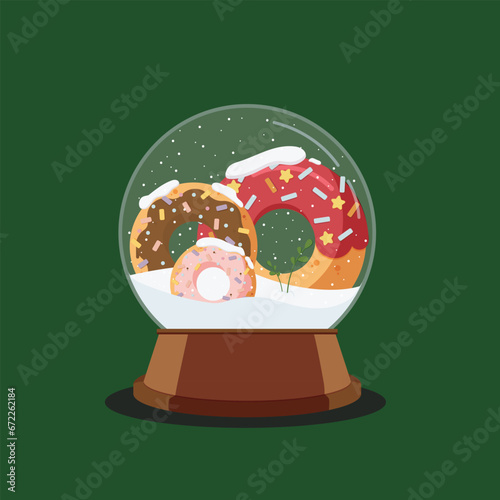 Snow globe with colorful donuts. Christmas glass ball with figures. 