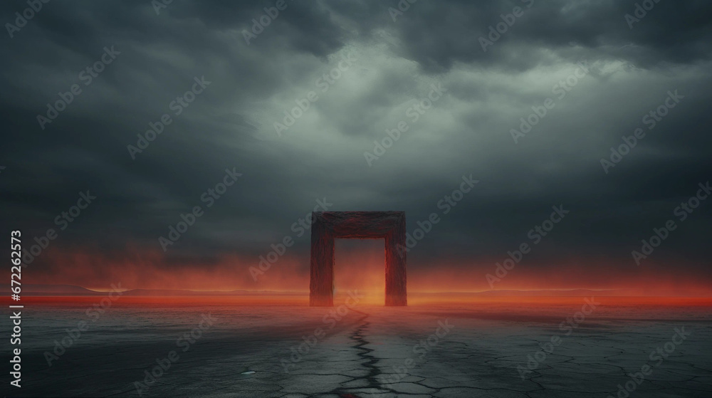 A Red Door Frame in the Middle of a Barren Wasteland With Copy Space A Red Door Frame in the Middle of a Barren Wasteland With Copy Space