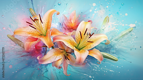  a bunch of flowers with water splashing on them on a blue background. generative ai © Shanti