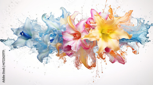  a bunch of flowers that are in the water with a splash of water on them. generative ai