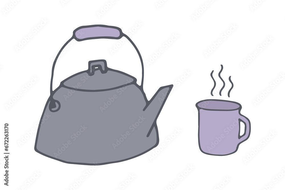Obraz premium Vector Tea Kettle and Mug with Hot Drink. Old Metal Teapot and Cup Camping. Kitchen Utensil. Colorful Doodle Drawing