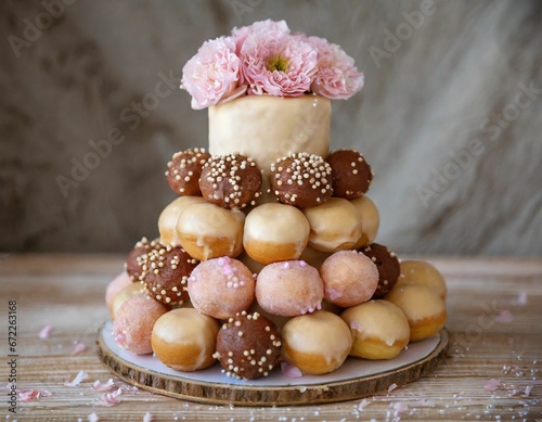 Εκτύπωση καμβά the two levels of cake have been covered with flowers and donuts