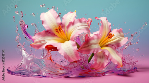  two pink flowers with water splashing out of them on a pink background. generative ai © Shanti