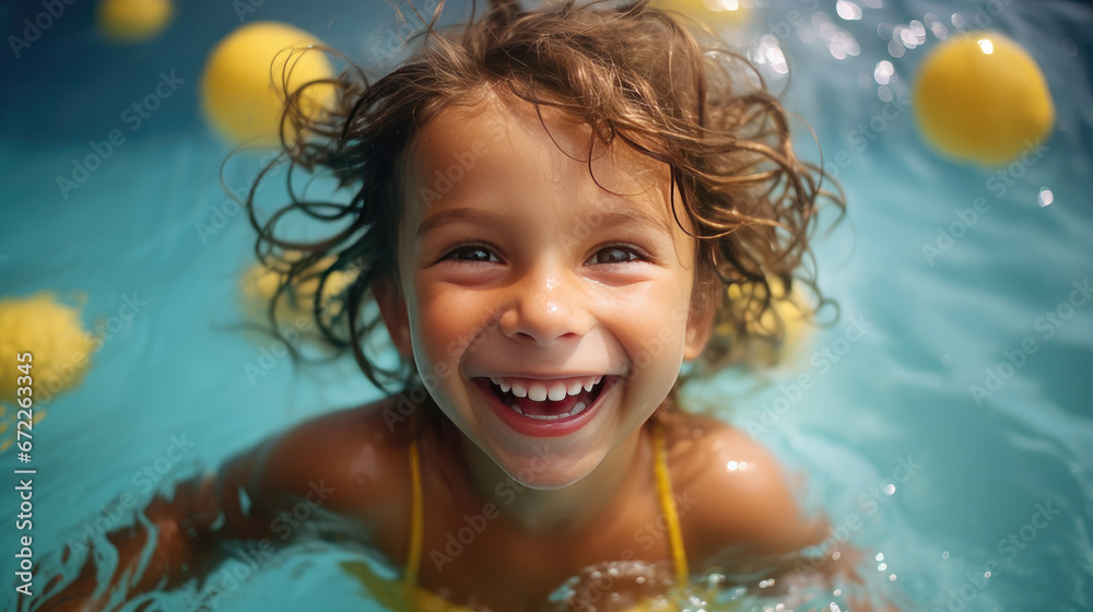 A child is swimming in the pool. A child is swimming in the pool.