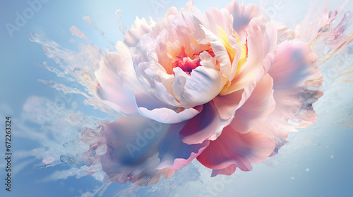  a large pink flower floating in the air with water around it. generative ai