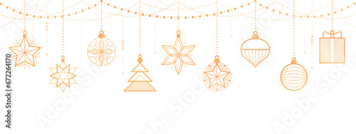 Christmas and Happy New Year banner with hanging luxury golden decorations, copy space