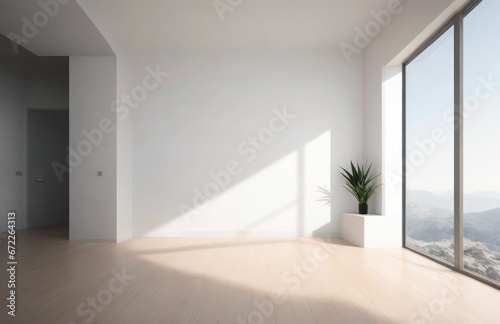an empty room with a large window and lots of light