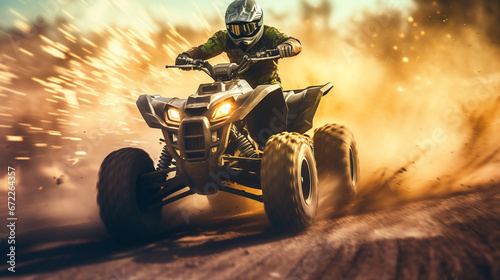 All-terrain ATV Quad Rider on blurred motion dirt road at sunset © BeautyStock