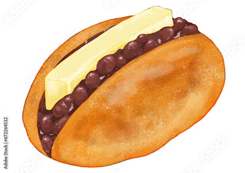軽食にぴったりなパン。リアルでかわいい、あんバターサンド1個のイラスト(つぶあん)