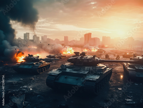 A group of main battle tanks against the backdrop of a burning city. . Military or army special operation. 