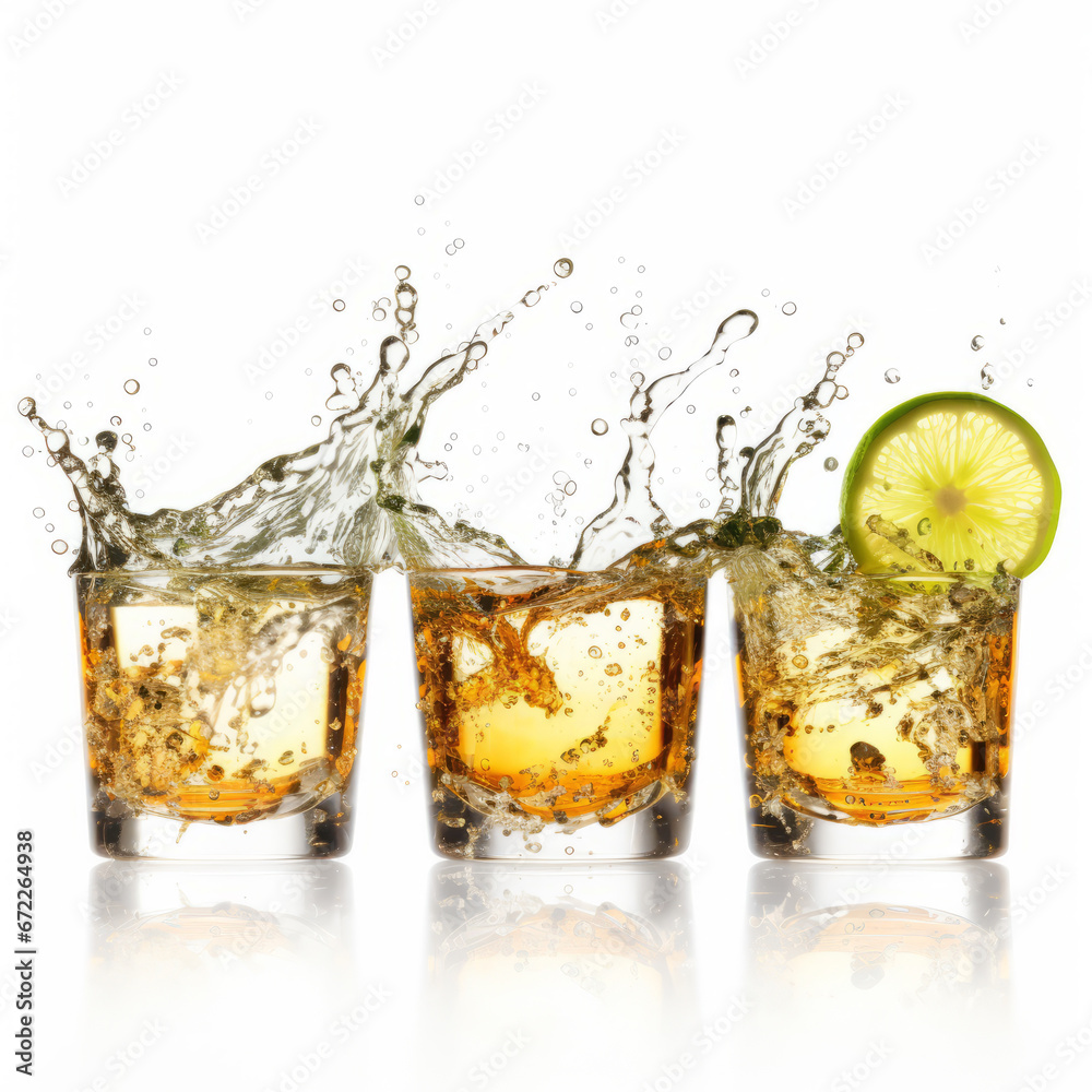 Lemon tea in a glass splashing on a white background Lemon tea in a glass splashing on a white background