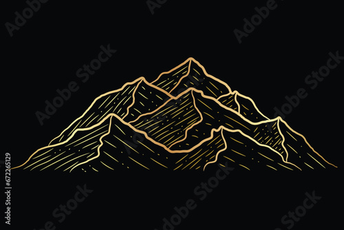 Mountain line art background, luxury gold wallpaper design for cover, invitation background, packaging design, wall art and print. Vector illustration.