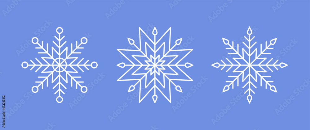 White Snowflakes on blue background. Vector Winter isolated icons in silhouette. Snow Cristals. Simple Line Style White Snowflakes on blue background. Vector Winter isolated icons in silhouette. Snow Cristals. Simple Line Style