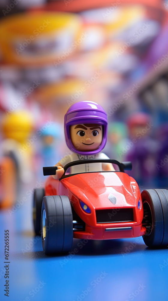 Fototapeta premium Plastic Doll Portrait With A Toy Race Car Speed , Background Image, Best Phone Wallpapers