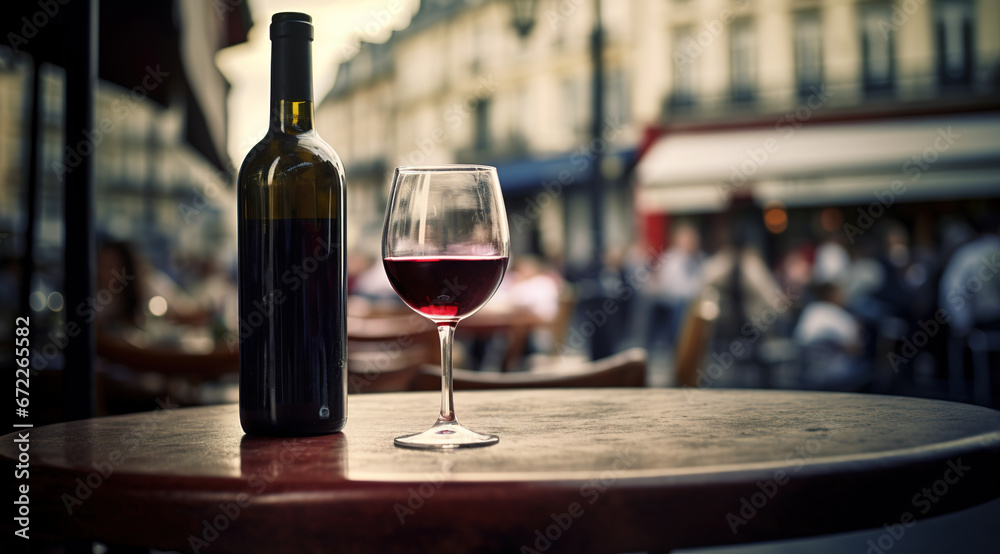 Generative AI, glass of wine and bottle on wooden table with blur background with lights of street bar, cafe, coffee shop or restaurant, wine mock up