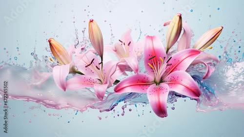 a group of pink flowers with water splashing on them. generative ai © Shanti