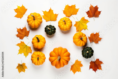 Autumn Harvest: Small Pumpkins Amidst Fallen Leaves