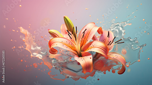  a pink flower with water splashing around it on a blue and pink background. generative ai © Shanti