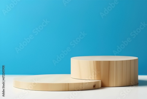 AI generated illustration of two wooden display stands set against a bright blue background