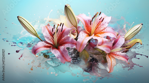  a bunch of pink flowers with water splashing around them. generative ai © Shanti