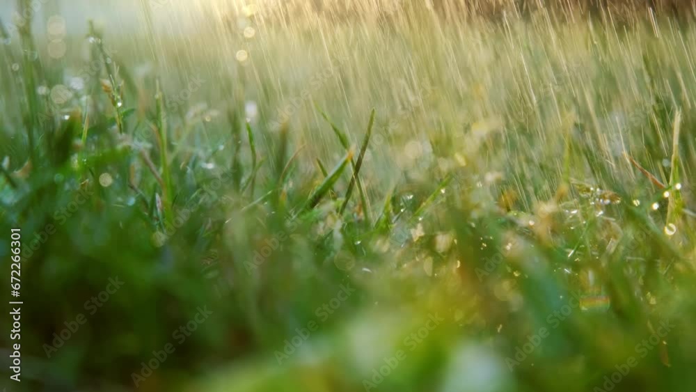 Macro shot of Summer rain drips Green grass summer field raindrops sunset. rain dripping watering ground. Close up Macro shot of Summer rain drips Green grass summer field raindrops sunset. rain dripping watering ground. Close up