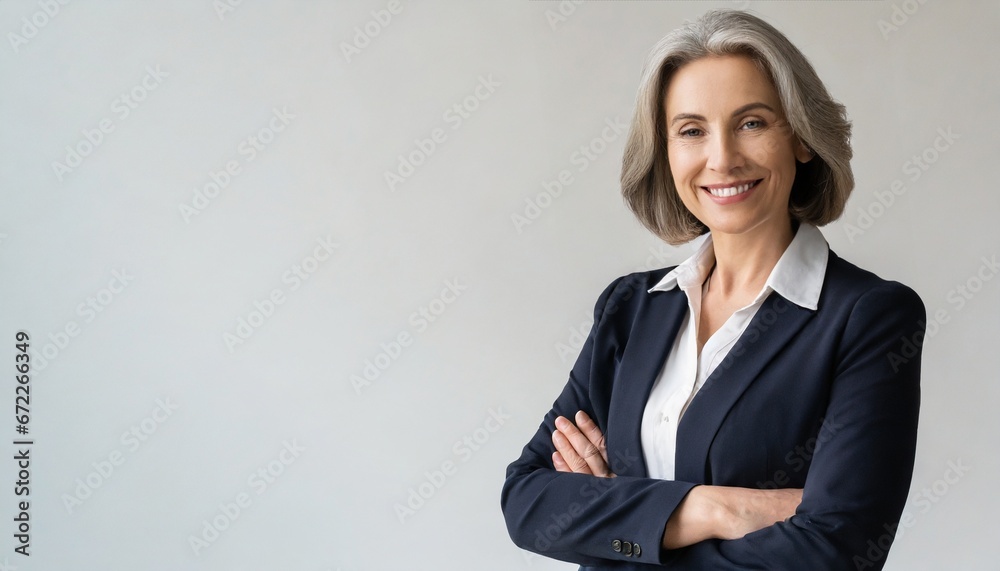 Smiling beautiful mature business woman standing isolated on white background. Older senior businesswoman, 60s grey haired lady professional coach looking at camera, close up face headshot portrait Smiling beautiful mature business woman standing isolated on white background. Older senior businesswoman, 60s grey haired lady professional coach looking at camera, close up face headshot portrait