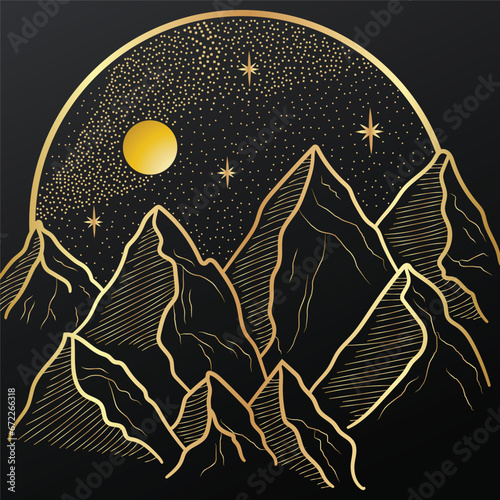 Mountain line art background, luxury gold wallpaper design for cover, invitation background, packaging design, wall art and print. Vector illustration.