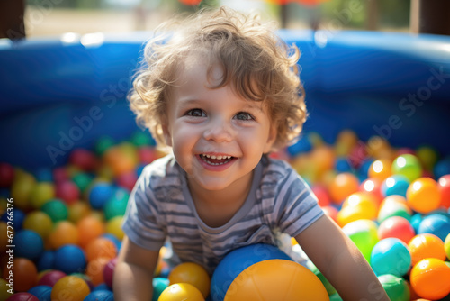Happy child playing and having fun in the children's room with colorful balls