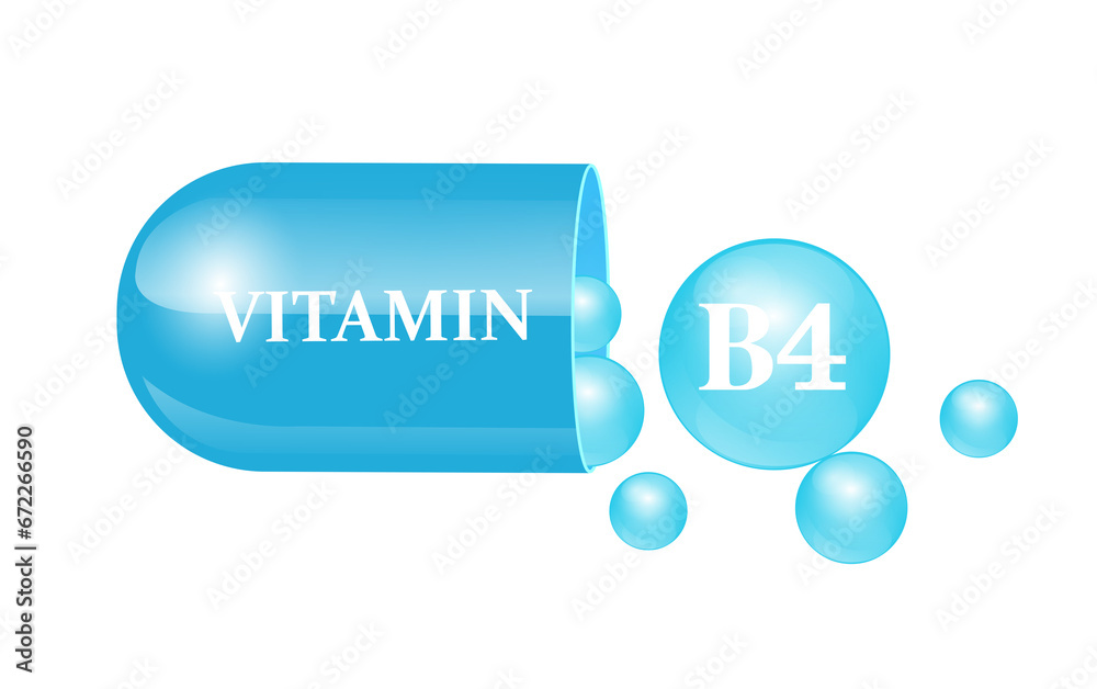 Capsule vitamin B4 structure blue and white with circular bubbles flowing out blue background. Beauty concept. Personal care. Isolated on cut out PNG. Transparent capsule pill. Drug business concept. Capsule vitamin B4 structure blue and white with circular bubbles flowing out blue background. Beauty concept. Personal care. Isolated on cut out PNG. Transparent capsule pill. Drug business concept.