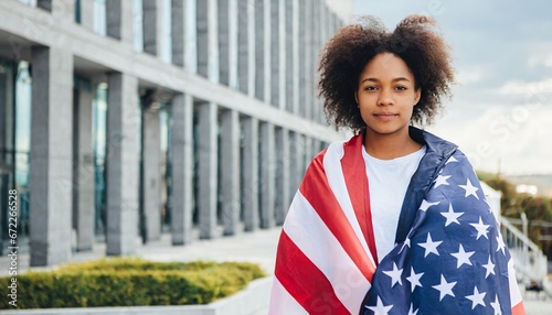 Proud serious young African American woman standing on street wrapped in usa flag look at camera outdoor. Black people for democracy, fair elections against racism for rights equality in United States