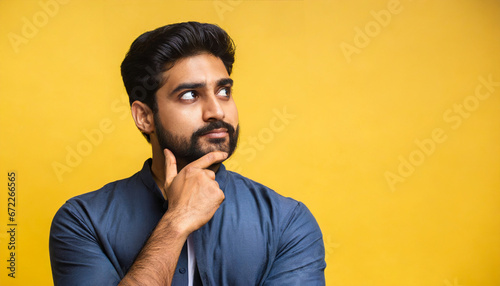 Thoughtful bearded indian man holding hand on chin looking interested aside at copy space isolated on yellow background thinking of new job opportunities, having doubt question or deciding concept photo