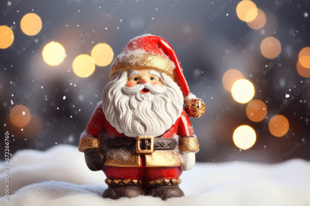 Santa Claus Doll in Snowy Wonderland with Bokeh Lights