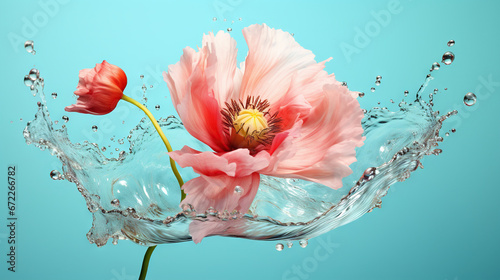  a pink flower with water splashing on it's side.  generative ai