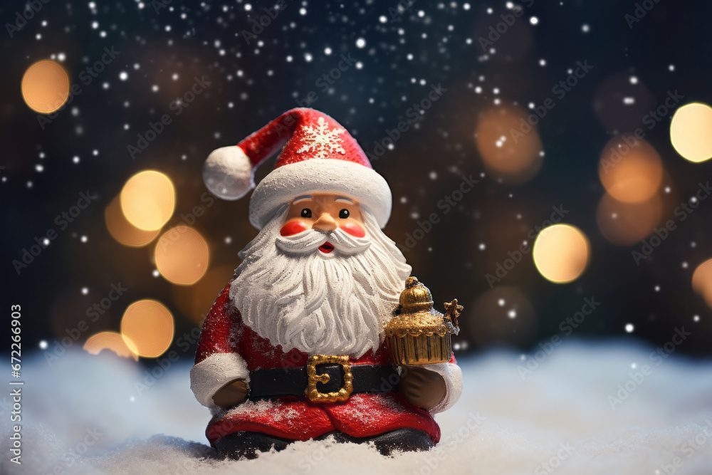 Santa Claus Doll in Snowy Wonderland with Bokeh Lights
