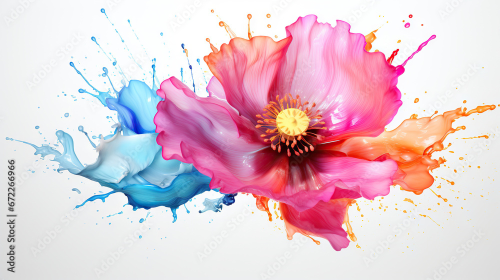  a pink flower with blue and orange paint splashing on it.  generative ai