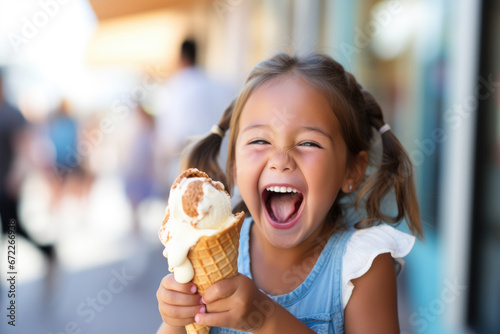 happy little girl with a smile holds an ice cream in her hands on the background of a tourist cafe.
