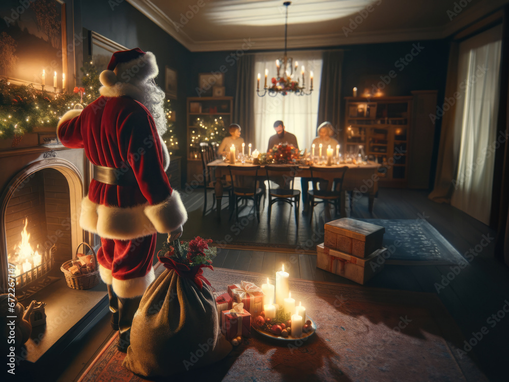 Fototapeta premium A magical Christmas moment: Santa Claus sneaking into a warmly lit room, delivering gifts unnoticed while a family shares a festive dinner under glowing chandeliers and twinkling lights