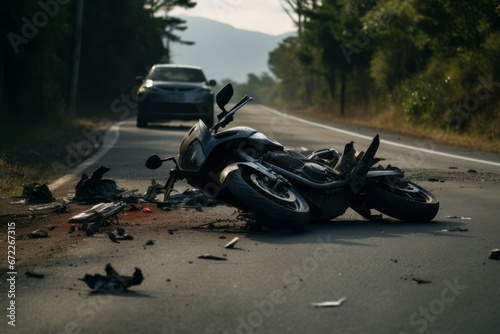 Destroyed motorcycle on the road, accident outside of town photo