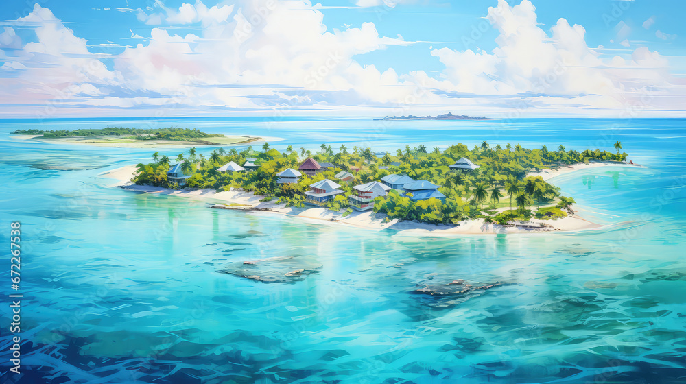 oil painting on canvas, Maldives paradise scenery. Tropical aerial landscape, water villas with amazing sea and lagoon beach, tropical nature. Exotic tourism destination banner, summer vacation. - obrazy, fototapety, plakaty 
