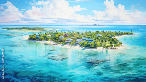 oil painting on canvas, Maldives paradise scenery. Tropical aerial landscape, water villas with amazing sea and lagoon beach, tropical nature. Exotic tourism destination banner, summer vacation. © ImagineDesign