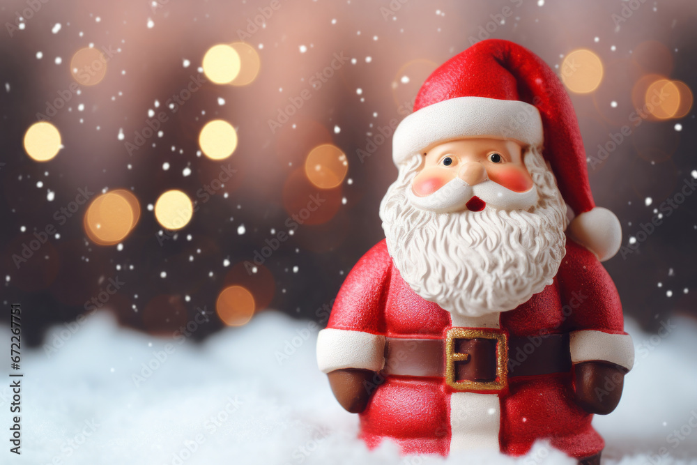 Santa Claus Doll in Snowy Wonderland with Bokeh Lights