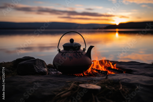 Bonfire and kettle. A camp kettle is warming up on a fire against the backdrop of a beautiful lake at sunset. photo