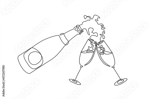 Continuous One line drawing of Prosecco glasses. The process of pouring champagne into a glasses. Pours champagne from a bottle into a glasses. Line art