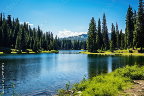 Beautiful landscape of a lake against the backdrop of a mountain forest.
