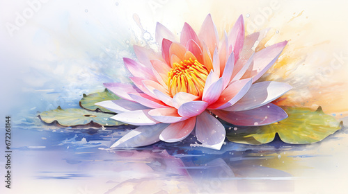 a painting of a pink water lily in a pond of water.  generative ai