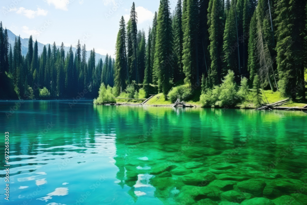 beautiful landscape of a clear mountain river with green water against the backdrop of forest and mountains. beautiful landscape of a clear mountain river with green water against the backdrop of forest and mountains.